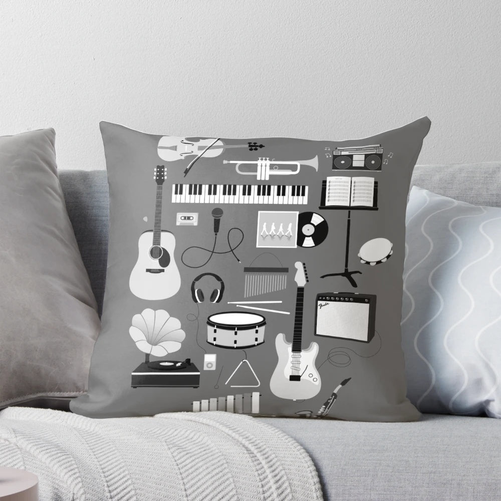 A decorative pillow featuring various musical instruments and music-themed icons.