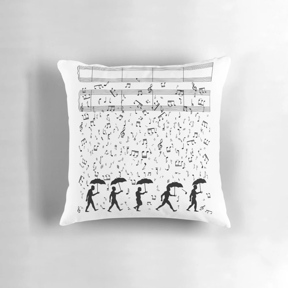 Singing in the Rain Decorative Pillow with Musical Notes and Raindrop Silhouette