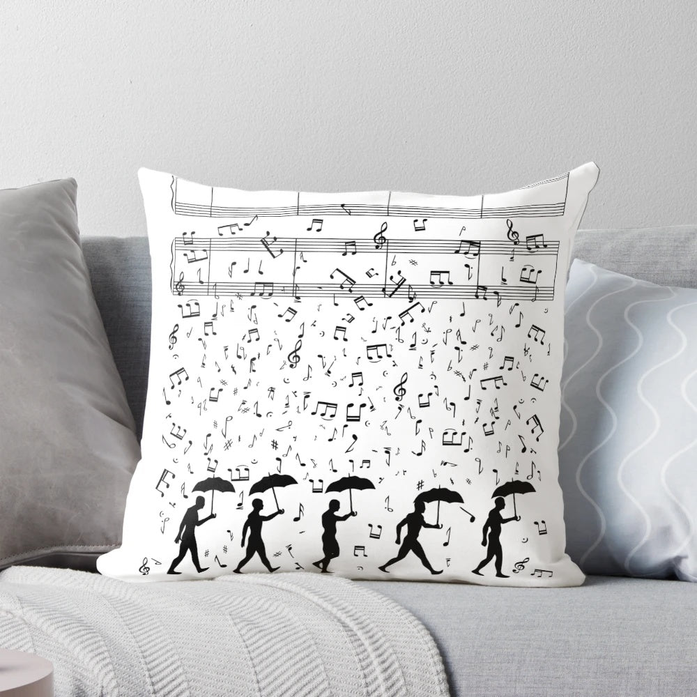 Singing in the Rain Decorative Pillow with Musical Notes and Raindrop Silhouette