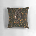 Memento Mori-themed decorative pillow featuring a skull, skeleton, and floral elements