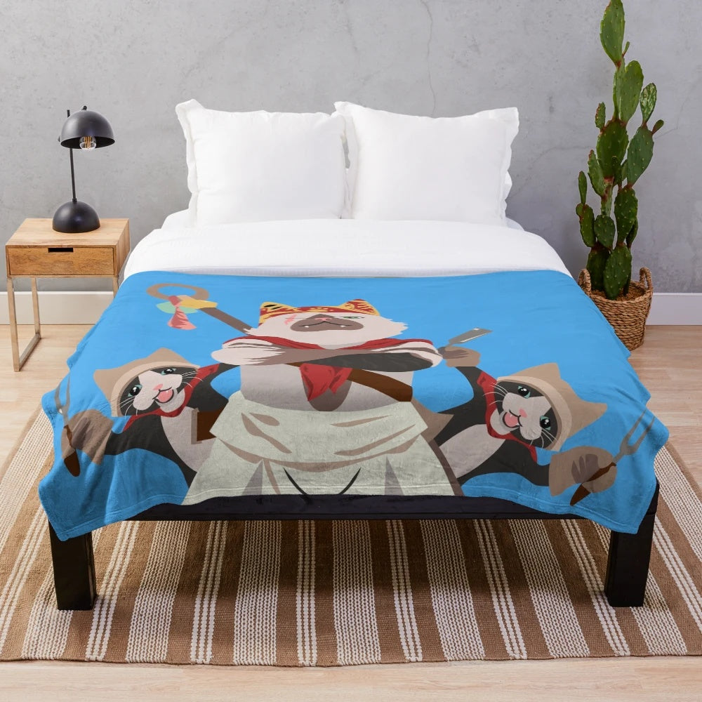 Meowscular Chef inspired plush blanket featuring palico cat from Monster Hunter World