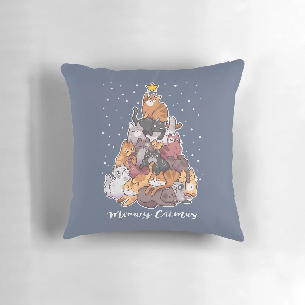 Soft, plush Christmas cat pillow with snow-covered Christmas tree design