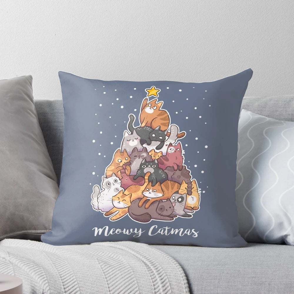 Soft, plush Christmas cat pillow with snow-covered Christmas tree design