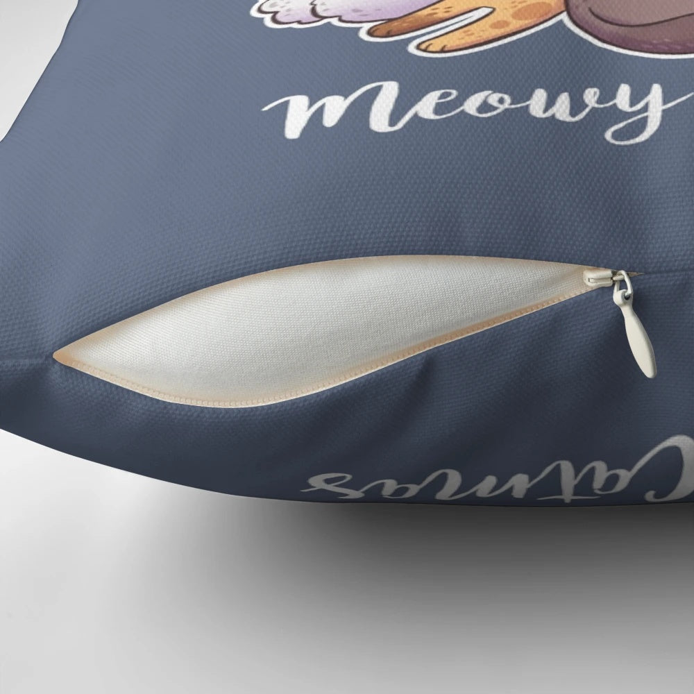 Soft, plush Christmas cat pillow with snow-covered Christmas tree design