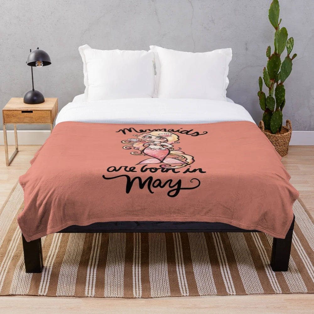 Mermaid plush blanket with inspirational "Mermaids are born in May" text