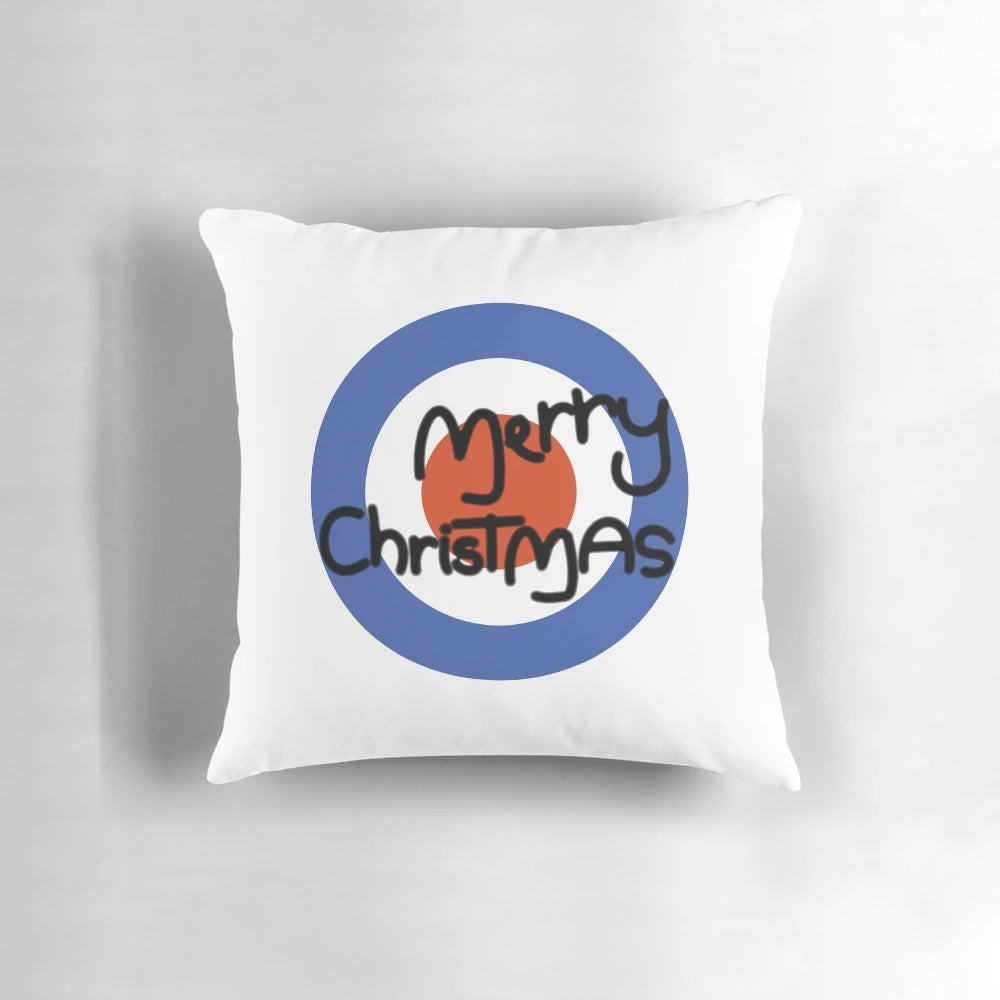 Merry Christmas The Jam Style Design Pillow, featuring a retro mod design inspired by the iconic British band The Jam.