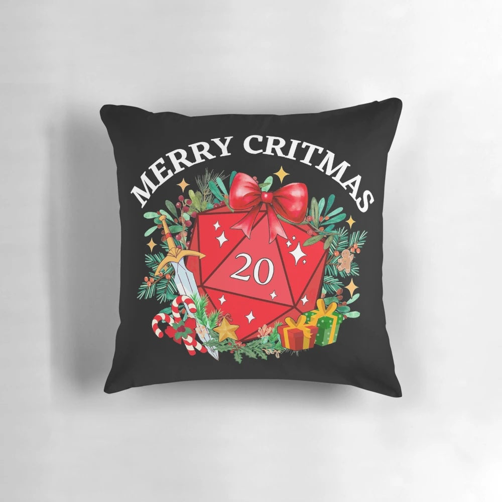 DND D20 Christmas Pillow with "Merry Critmas" text and a d20 dice graphic