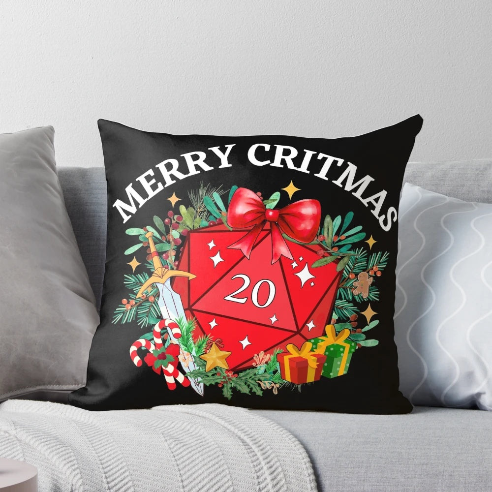 DND D20 Christmas Pillow with "Merry Critmas" text and a d20 dice graphic