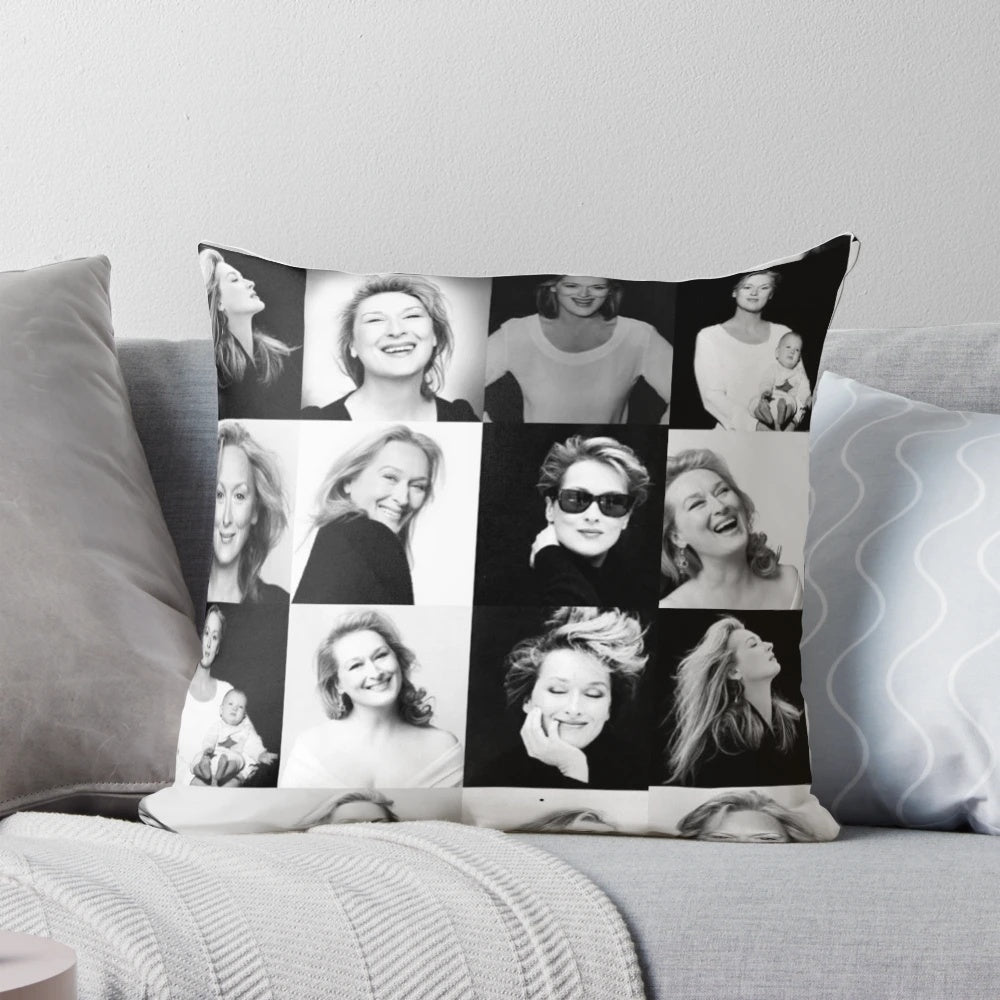 Decorative pillow featuring a portrait of acclaimed actress Meryl Streep