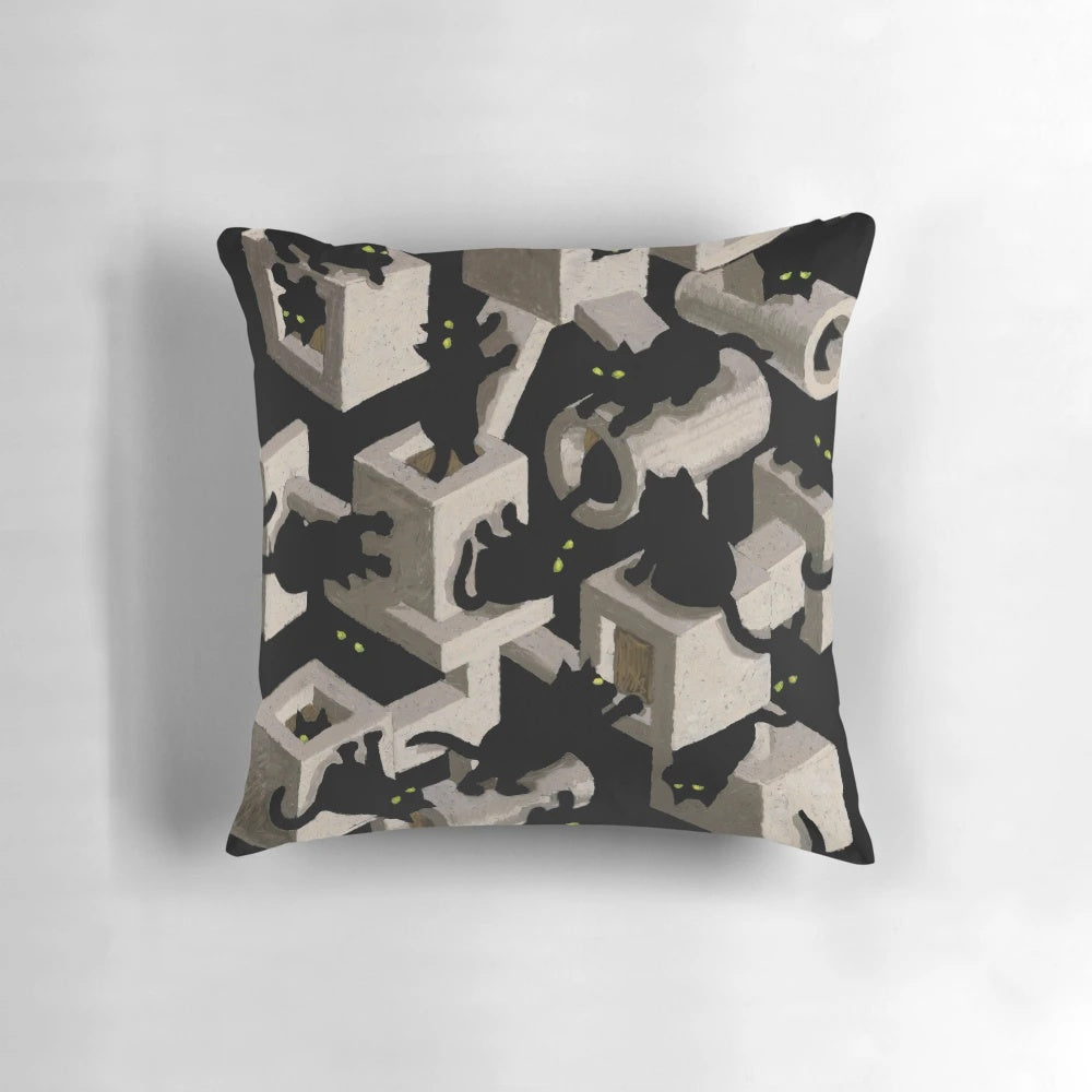 Surreal 3D black cat tree optical illusion on a decorative pillow