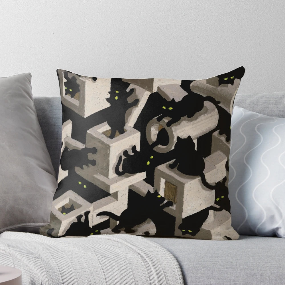 Surreal 3D black cat tree optical illusion on a decorative pillow