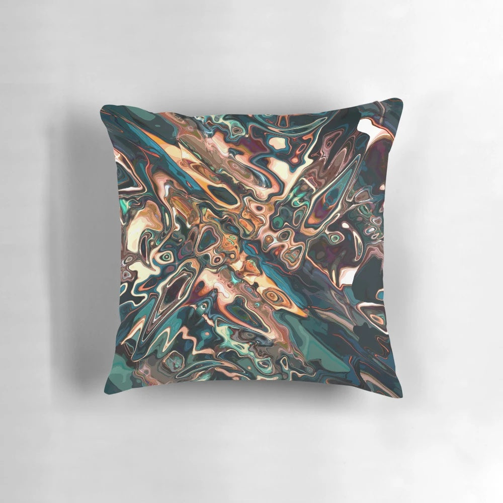 Melting copper abstract design on a decorative throw pillow with psychedelic shapes and colors