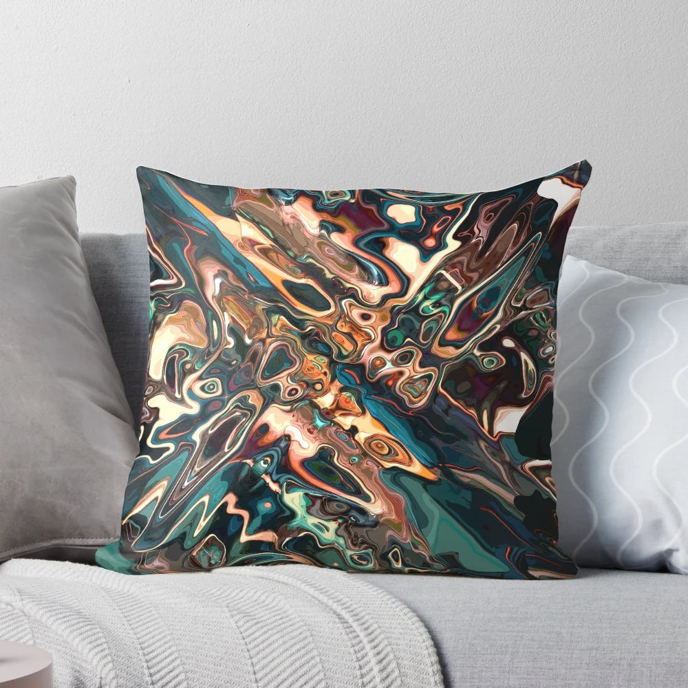 Melting copper abstract design on a decorative throw pillow with psychedelic shapes and colors