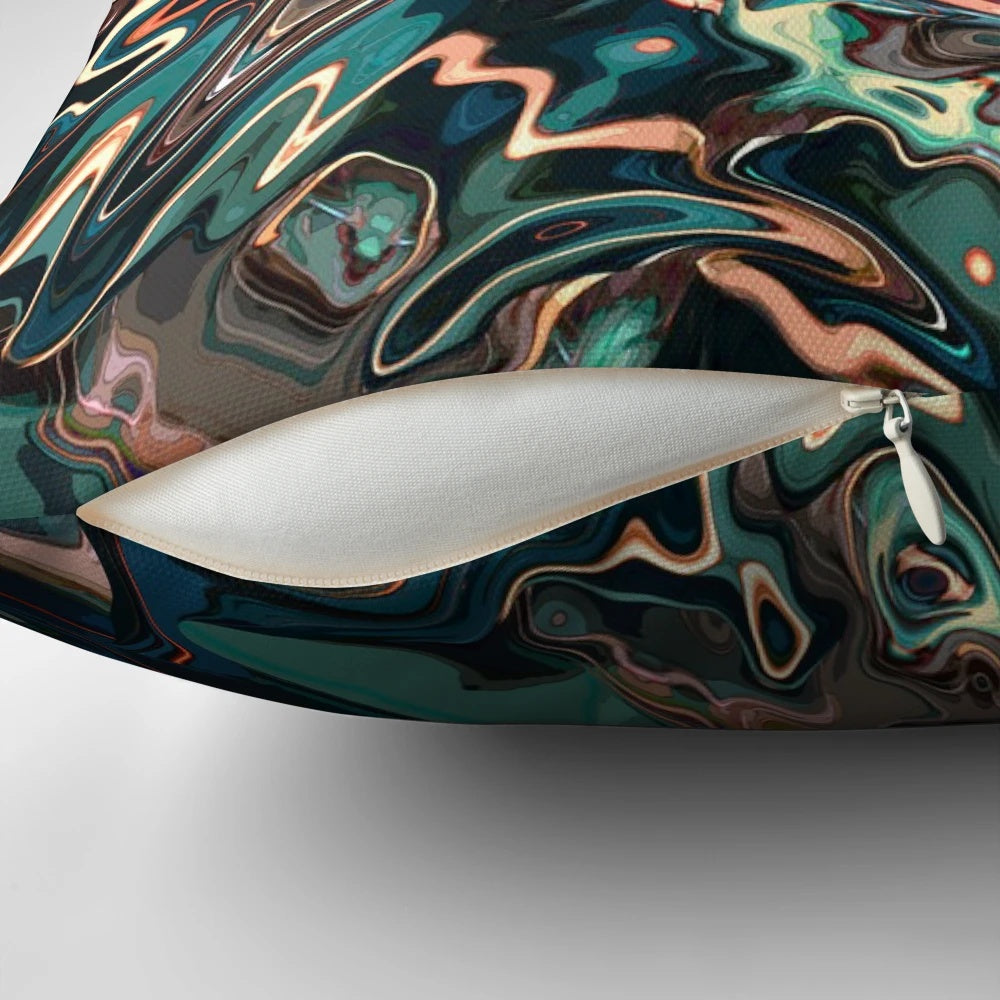 Melting copper abstract design on a decorative throw pillow with psychedelic shapes and colors