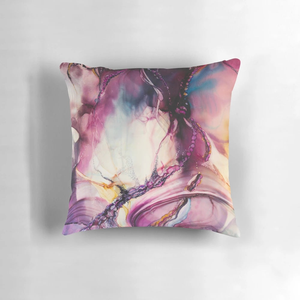 Purple abstract art pillow with organic shapes and textures