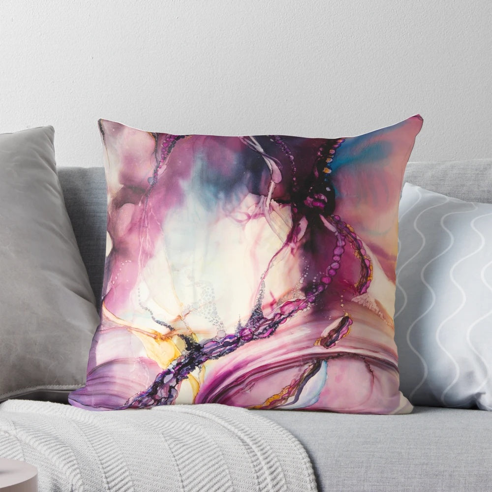Purple abstract art pillow with organic shapes and textures