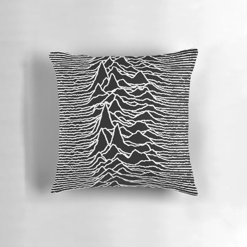 Monochrome wave pattern inspired by the iconic "Unknown Pleasures" album cover, abstract optical art design