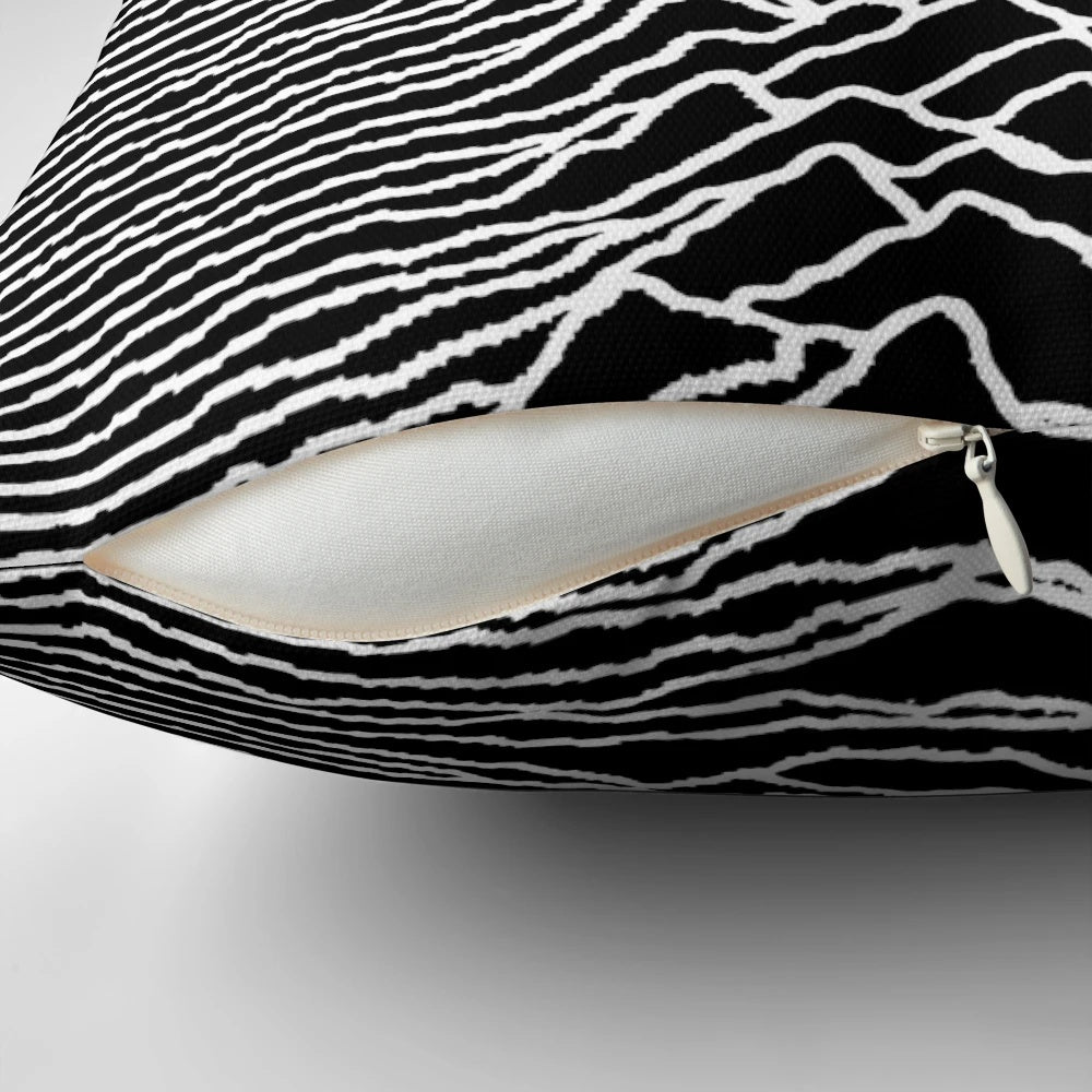 Monochrome wave pattern inspired by the iconic "Unknown Pleasures" album cover, abstract optical art design