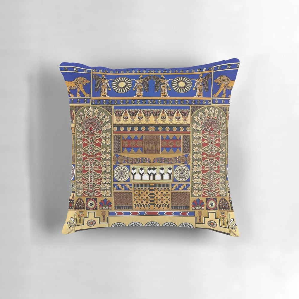 Ancient Assyrian art-inspired decorative throw pillow featuring intricate patterns and designs