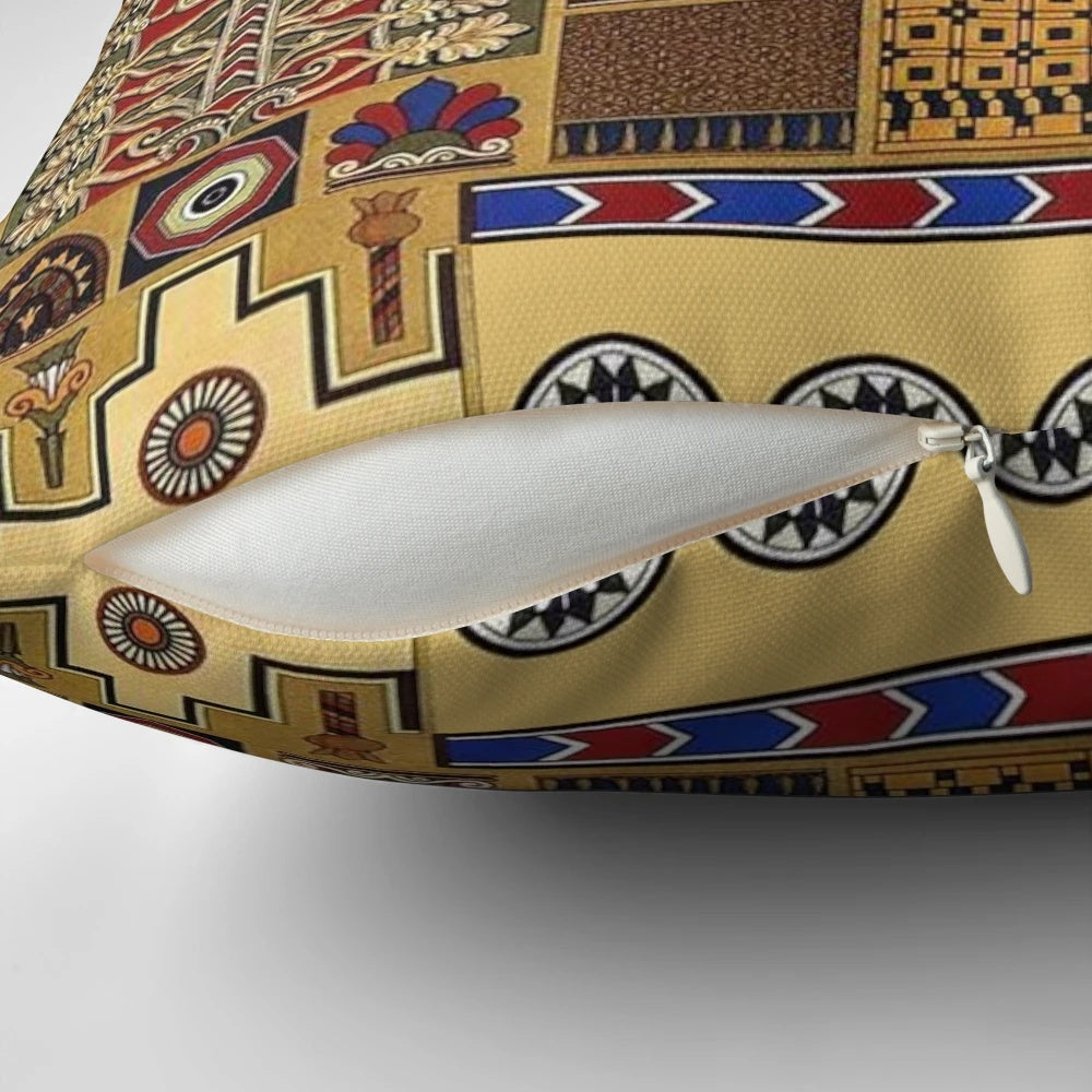 Ancient Assyrian art-inspired decorative throw pillow featuring intricate patterns and designs