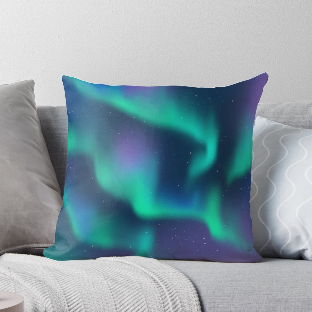Vibrant image of the stunning aurora borealis, or northern lights, across the night sky, featured on a plush, decorative pillow.