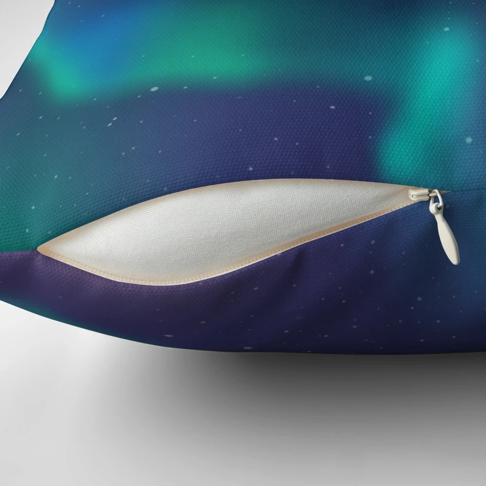 Vibrant image of the stunning aurora borealis, or northern lights, across the night sky, featured on a plush, decorative pillow.