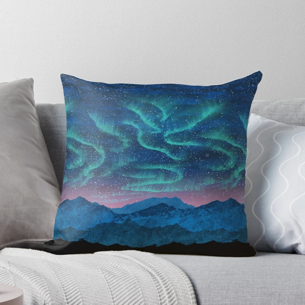 Stunning aurora borealis over a mountain landscape on a soft, comfortable pillow