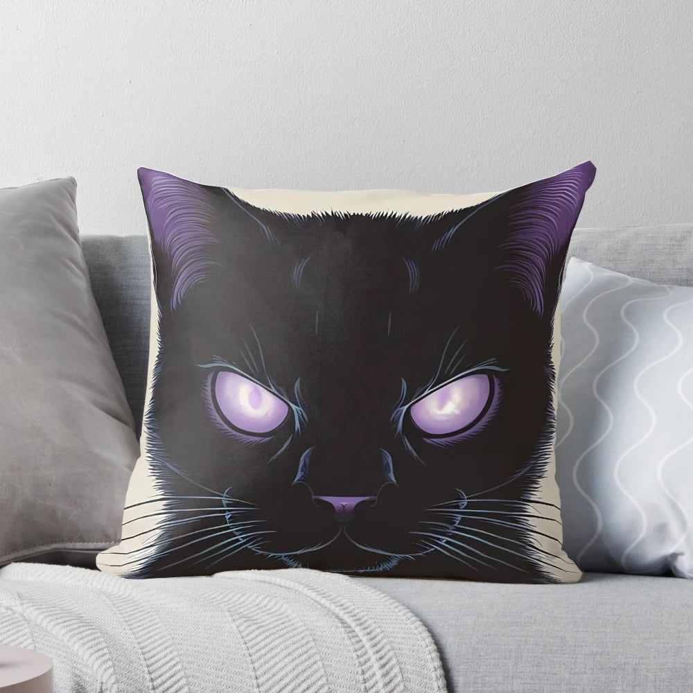 Soft, plush pillow featuring a mystical black cat in a starry cosmic backdrop