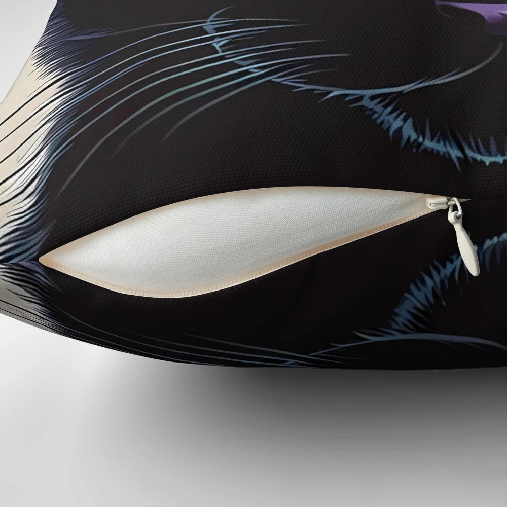 Soft, plush pillow featuring a mystical black cat in a starry cosmic backdrop