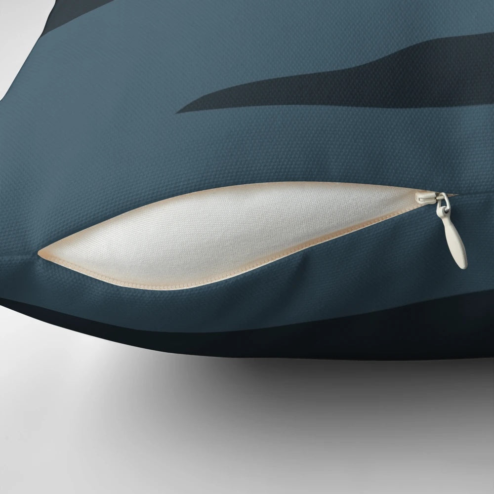 A cozy, minimal cat landscape pillow with a night sky, stars, and a meteor shower design.