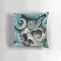 A vibrant oil painting of a skull and octopus underwater, showcased on a plush pillow for a stunning coastal-inspired accent.