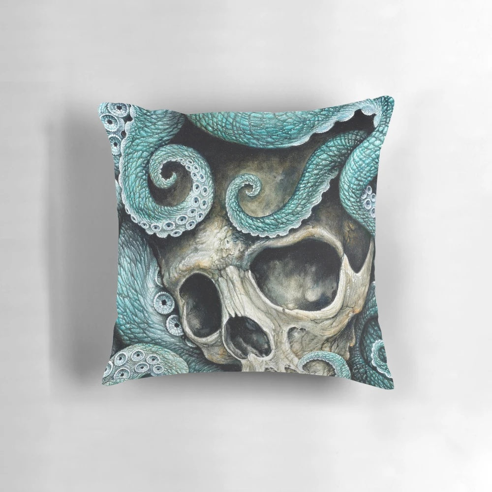 A vibrant oil painting of a skull and octopus underwater, showcased on a plush pillow for a stunning coastal-inspired accent.