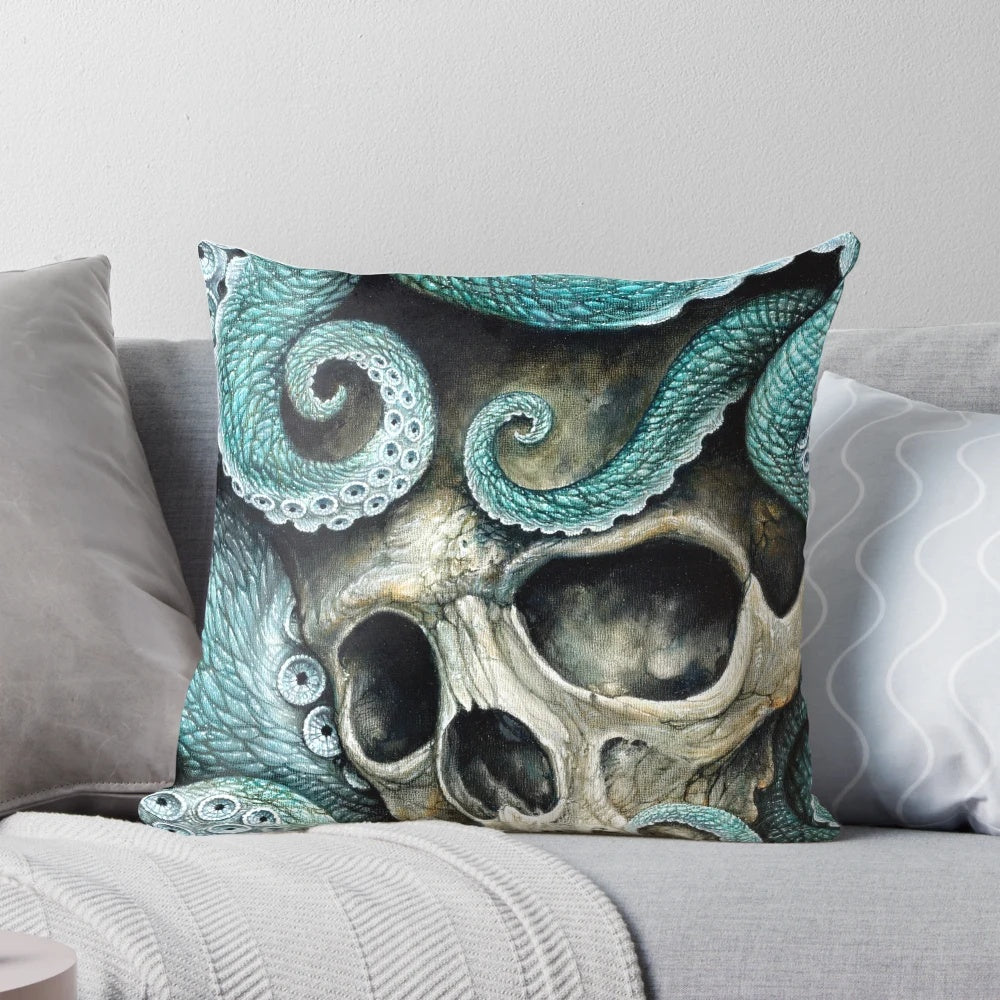 A vibrant oil painting of a skull and octopus underwater, showcased on a plush pillow for a stunning coastal-inspired accent.