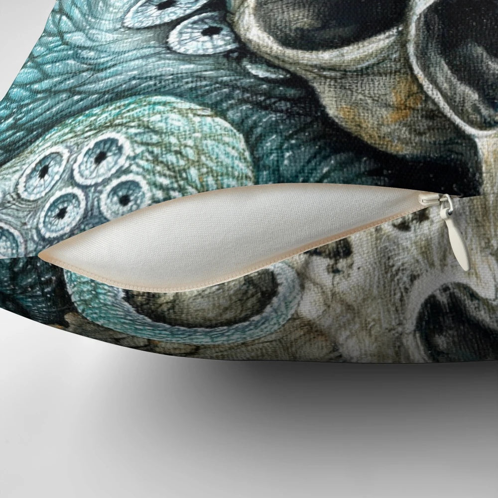 A vibrant oil painting of a skull and octopus underwater, showcased on a plush pillow for a stunning coastal-inspired accent.