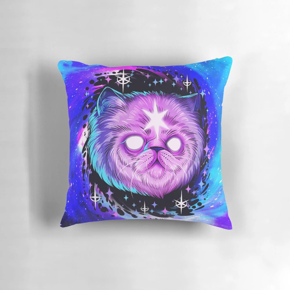 Captivating cat pillow with a cosmic, glowing design