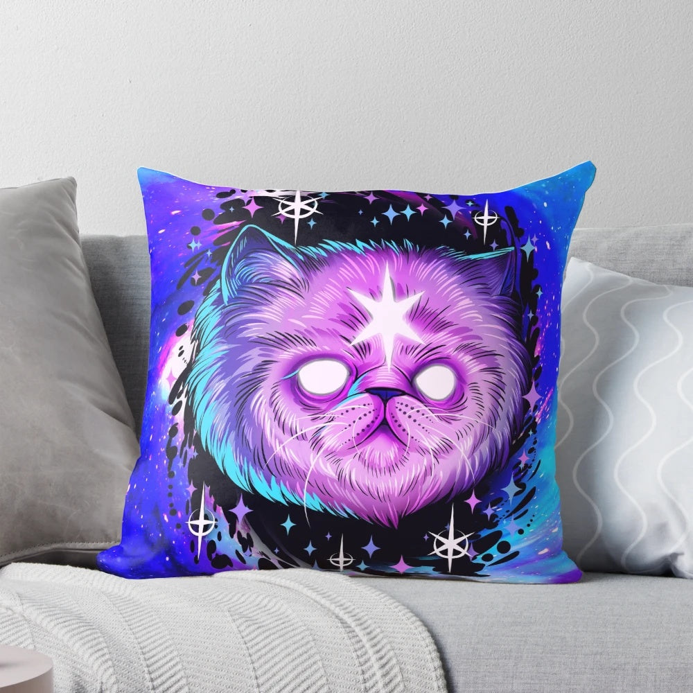 Captivating cat pillow with a cosmic, glowing design
