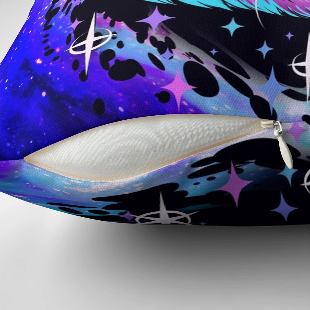 Captivating cat pillow with a cosmic, glowing design