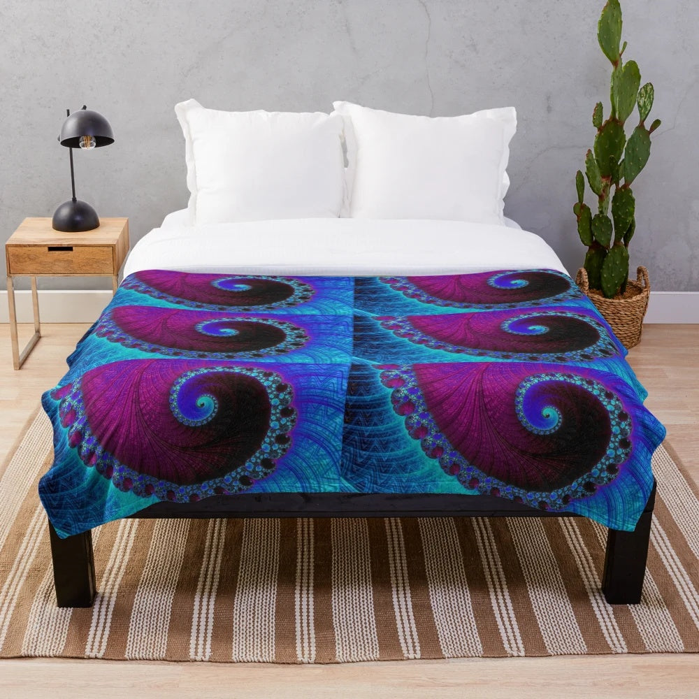 Psychedelic electric plush blanket with glowing neon fractal patterns