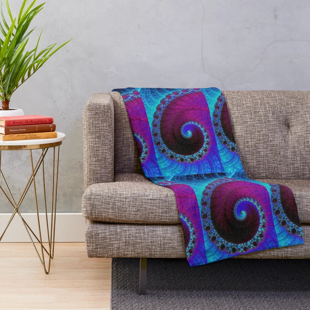 Psychedelic electric plush blanket with glowing neon fractal patterns