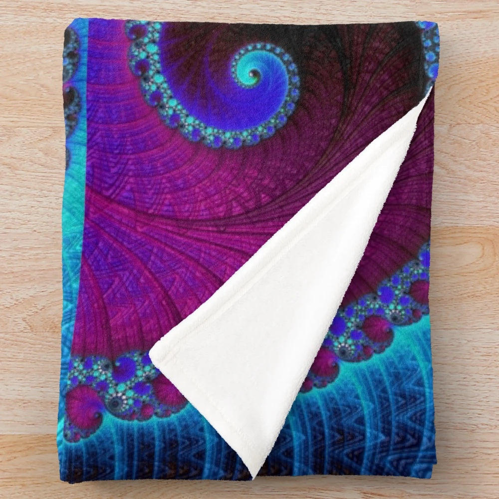 Psychedelic electric plush blanket with glowing neon fractal patterns