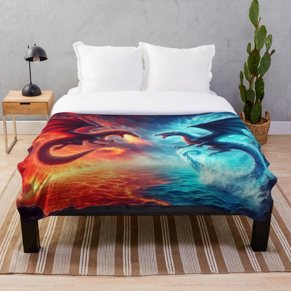Fire and Water Plush Blanket with Mythical Dragon Design