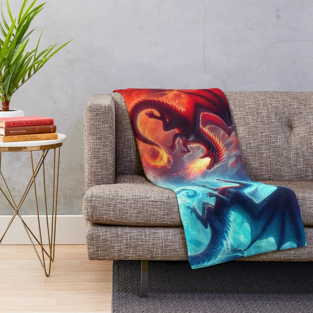 Fire and Water Plush Blanket with Mythical Dragon Design