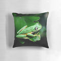Detailed image of a realistic green frog face on a plush pillow, perfect for adding a touch of the tropics to your home.
