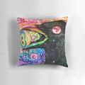 A decorative throw pillow featuring a vibrant, psychedelic image of a crow with glittering feathers and intense eyes.