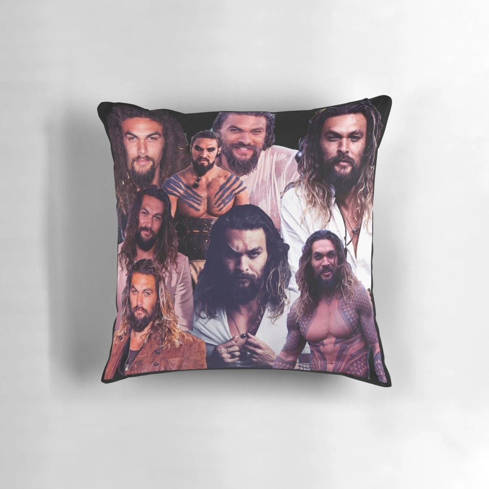 Jason Momoa collage poster featuring the actor in his iconic roles from Game of Thrones, Aquaman, and more.