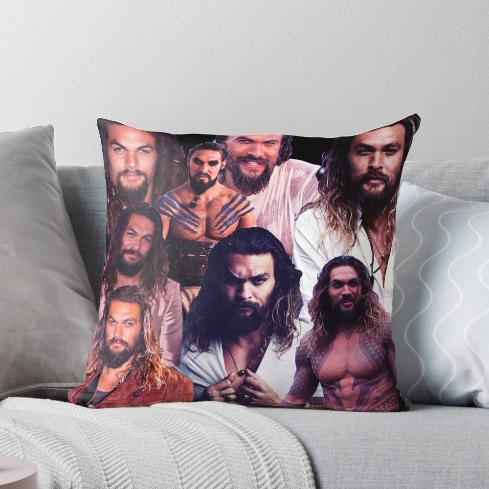 Jason Momoa collage poster featuring the actor in his iconic roles from Game of Thrones, Aquaman, and more.