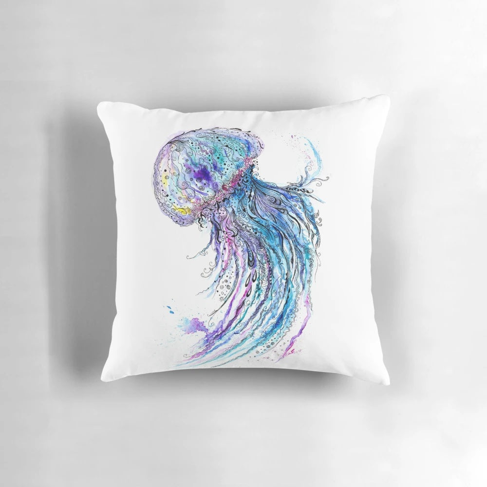Decorative throw pillow featuring a beautiful jellyfish watercolor and ink painting design