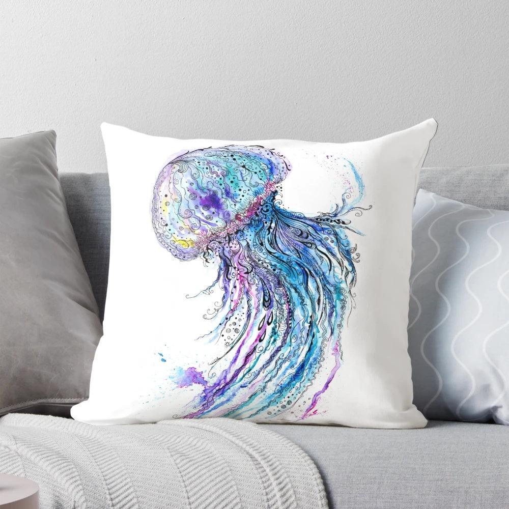 Decorative throw pillow featuring a beautiful jellyfish watercolor and ink painting design