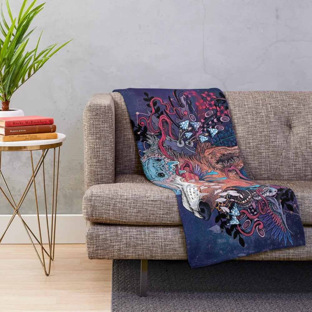 Kitsune plush blanket with psychedelic, celestial design