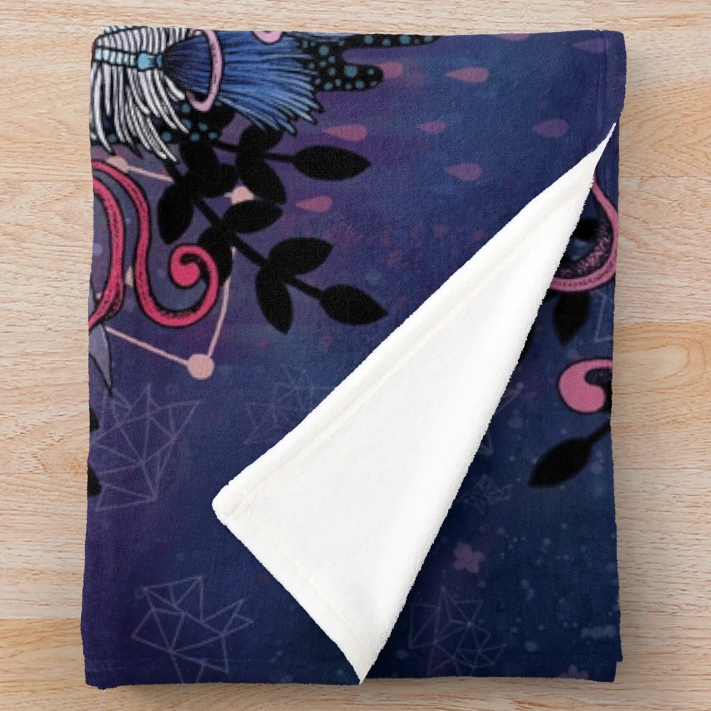 Kitsune plush blanket with psychedelic, celestial design